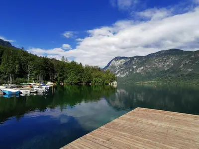 a view of a lake with boats on a dock at Bohinj, Metka - vacation house Pri Metki in Bohinj
