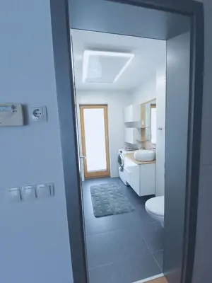 a bathroom with a toilet and a sink and a mirror at Apartma M&J in Mojstrana