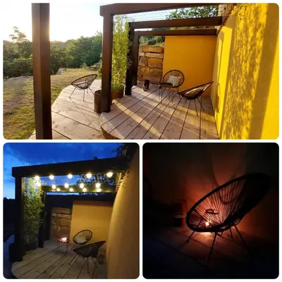 three pictures of a patio with chairs and lights at Olivea in Dobrovo