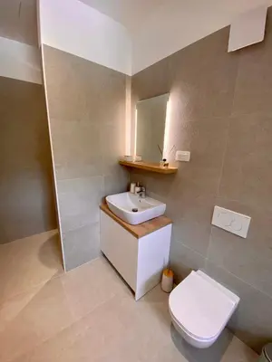 a bathroom with a sink and a toilet and a mirror at Sunny Oak Estate in Mengeš