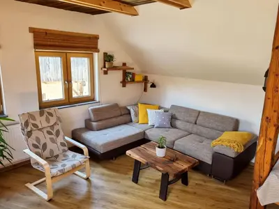 a living room with a couch and a table at Apartma1 pri Adamu in Mislinja