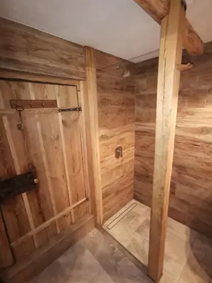 a shower in a room with wooden walls at Apartma kašča in Domžale
