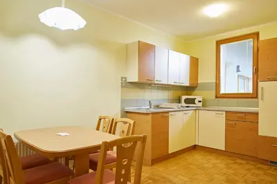 a kitchen and dining room with a table and a table and chairs at Thermal Apartments Lendava in Lendava