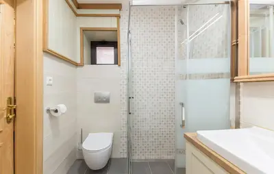 a bathroom with a toilet and a glass shower at Apartma Rozika in Ptuj
