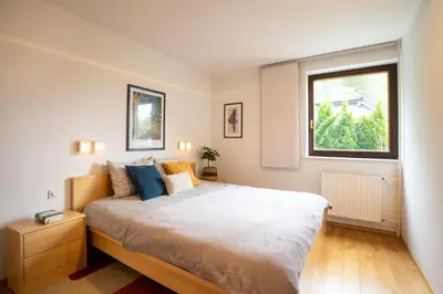 a bedroom with a large bed and a window at JM Alpine Apartments in Kranjska Gora