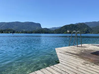 a dock on a lake with mountains in the background at Holiday Chalet near Bled in Obrne