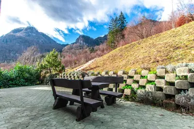 a bench sitting in front of a hill at Holiday Chalet near Bled in Obrne