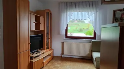 a small room with a television and a window at Apartma Alda in Preserje