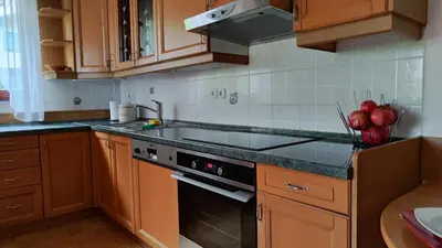 a kitchen with wooden cabinets and a stove top oven at Apartma Alda in Preserje