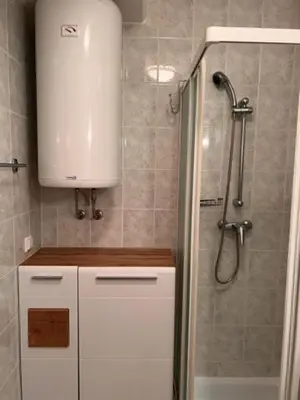 a bathroom with a shower and a white cabinet at Studio Mavrinc in Kranjska Gora