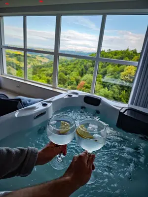 two people holding wine glasses in a bath tub at Private wellness with panoramic view, sauna & jacuzzi in Maribor