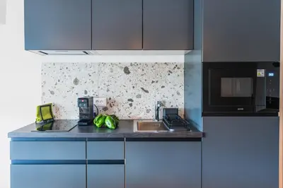 a kitchen with a counter with a microwave and a sink at Vila Valentina in Ljubljana