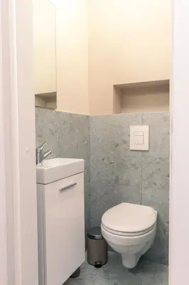a white bathroom with a toilet and a sink at Vila Valentina in Ljubljana