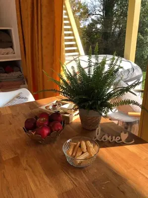 a table with two bowls of fruit and a potted plant at Holiday house Hona Lux in Velike Lašče