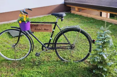 a bike parked in the grass with flowers in a basket at Veronika's House je prijeten, miren apartma v naravi, blizu mesta in Celje