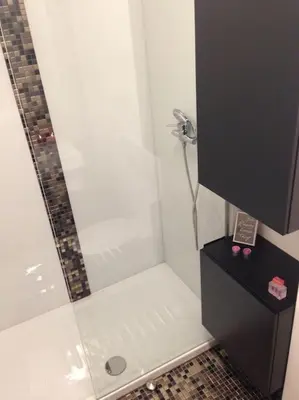 a bathroom with a shower with a glass door at Gorgeous central flat with garage in Ljubljana