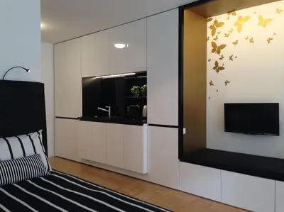 a living room with a tv and a couch at Gorgeous central flat with garage in Ljubljana
