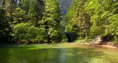 a river with green water and a bridge in the background at Vacation Station Kamnik in Kamnik