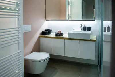 a bathroom with a toilet and a sink at Sunny home with cute dragon in the center+parking in Ljubljana