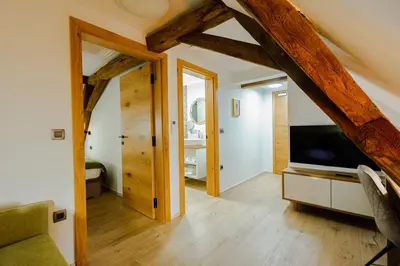 a living room with a tv and wooden beams at Resort Village Majer - Apartments, Glamping - Slovenia in Gradac
