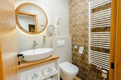 a bathroom with a sink and a toilet and a mirror at Resort Village Majer - Apartments, Glamping - Slovenia in Gradac