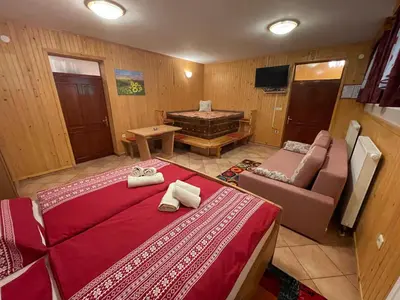 a bedroom with a bed and a couch and a tub at Apartment & Studio Forest Paradise in Cerkno
