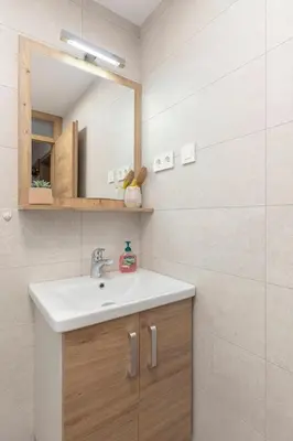 a bathroom with a sink and a mirror at Apartma Naravni biser in Brezje