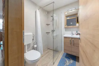a bathroom with a toilet and a glass shower at Apartma Naravni biser in Brezje
