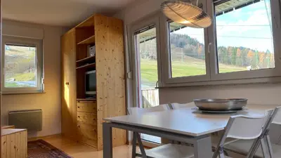 a kitchen with a table and chairs and windows at Apartment Katrca Kranjska Gora in Kranjska Gora