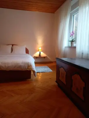 a bedroom with a bed and a window at Riverside Villa Avo - Apartment Martin in Spodnja Idrija