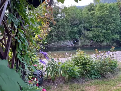a view of a river from a garden with flowers at Riverside Villa Avo - Apartment Martin in Spodnja Idrija
