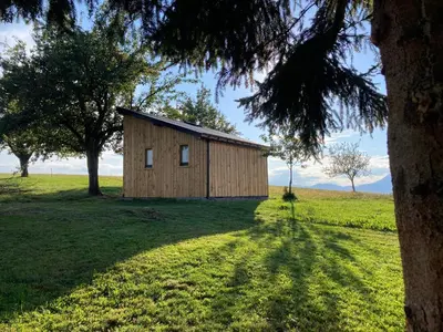 a small wooden building in a field with trees at Tiny house in Mislinja