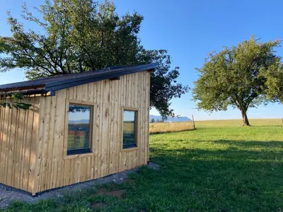 a wooden shed in a field with a tree at Tiny house in Mislinja