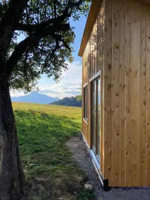 a wooden building next to a tree and a field at Tiny house in Mislinja