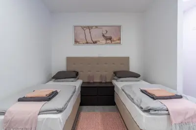 two beds in a room with a picture on the wall at Apartments Park Vodice - Ljubljana, Krvavec in Woditz