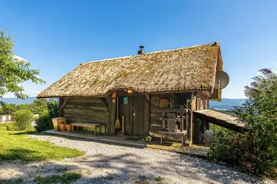 a small house with a straw roof on a field at Holiday home in Otocec - Kranjska Krain 26039 in Otočec