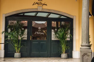 a store door with two potted plants in front of it at LAGOJA b&b in Trzin