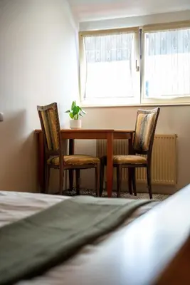 a bedroom with a table and two chairs and a window at LAGOJA b&b in Trzin