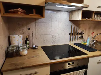 a kitchen with a stove and a counter top at Family Hostel Pivka in Pivka