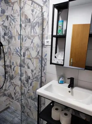a bathroom with a sink and a shower at Family Hostel Pivka in Pivka