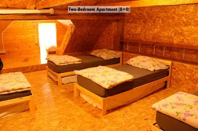 a room with three beds in a log cabin at Apartments Farm House Uric in Jesenice