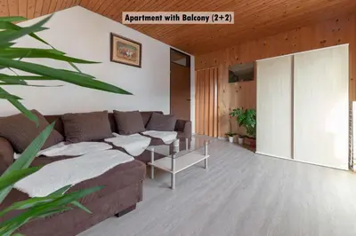 a living room with a couch and a sliding door at Apartments Farm House Uric in Jesenice