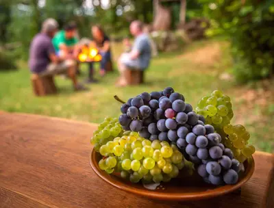 a plate of grapes on a table with people in the background at Holiday home in Novo mesto - dostava - Kranjska Krain 26036 in Trška Gora
