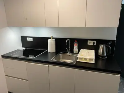 a kitchen with a sink and a counter top at Golte Apartment Tibona in Mozirje