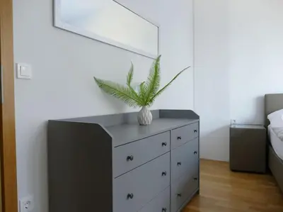 a plant sitting on a dresser in a bedroom at Forest Green Pohorje Apartment in Pohorje