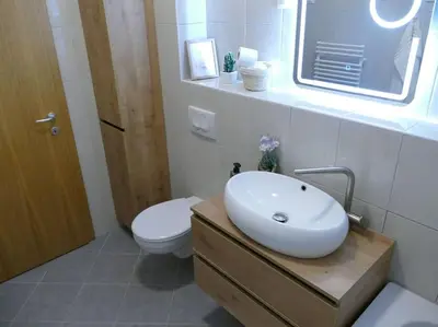 a bathroom with a sink and a toilet and a window at Forest Green Pohorje Apartment in Pohorje