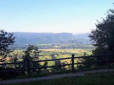 a fence on a hill with a view of a field at Apartma Juli in Žirovnica