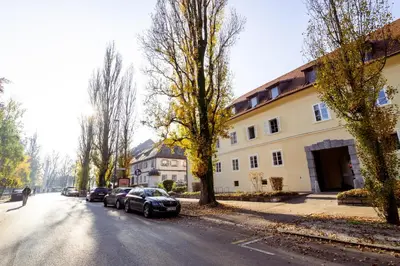 a street with cars parked in front of a building at Central Living Vegova-with parking in Ljubljana