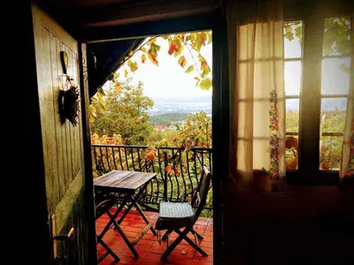 a porch with a table and chairs on a balcony at Studio in Novo mesto - dostava - Kranjska Krain 26035 in Mačkovec pod Trško Goro