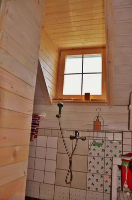 a bathroom with a shower in a wooden cabin at Studio in Novo mesto - dostava - Kranjska Krain 26035 in Mačkovec pod Trško Goro